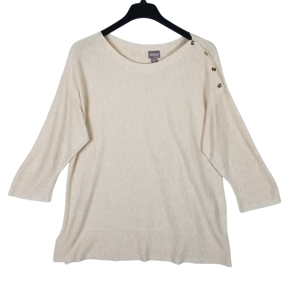 Chico's Knit Top Women 3 XL Oatmeal Heather Gold Button Shoulder Cashmere Blend
